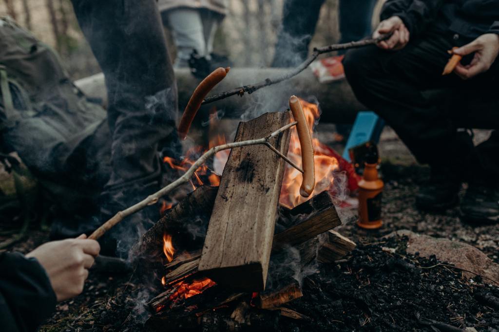 A photo of hot dogs being roasted around a campfire.
